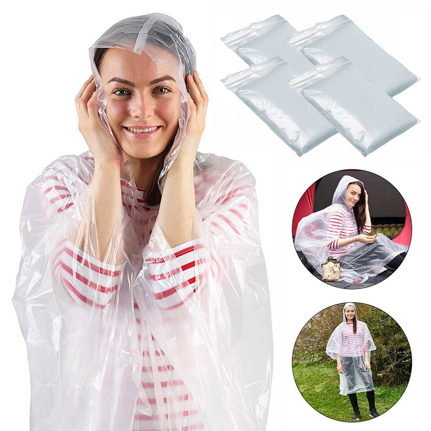 8x Adult Clear Waterproof Hooded Rain Poncho Mac Coat Festival Rain Theme Parks